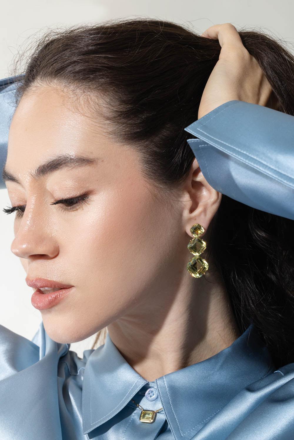 GOSHWARA-Gossip Three Drop Lemon Quartz Earrings-YELLOW GOLD