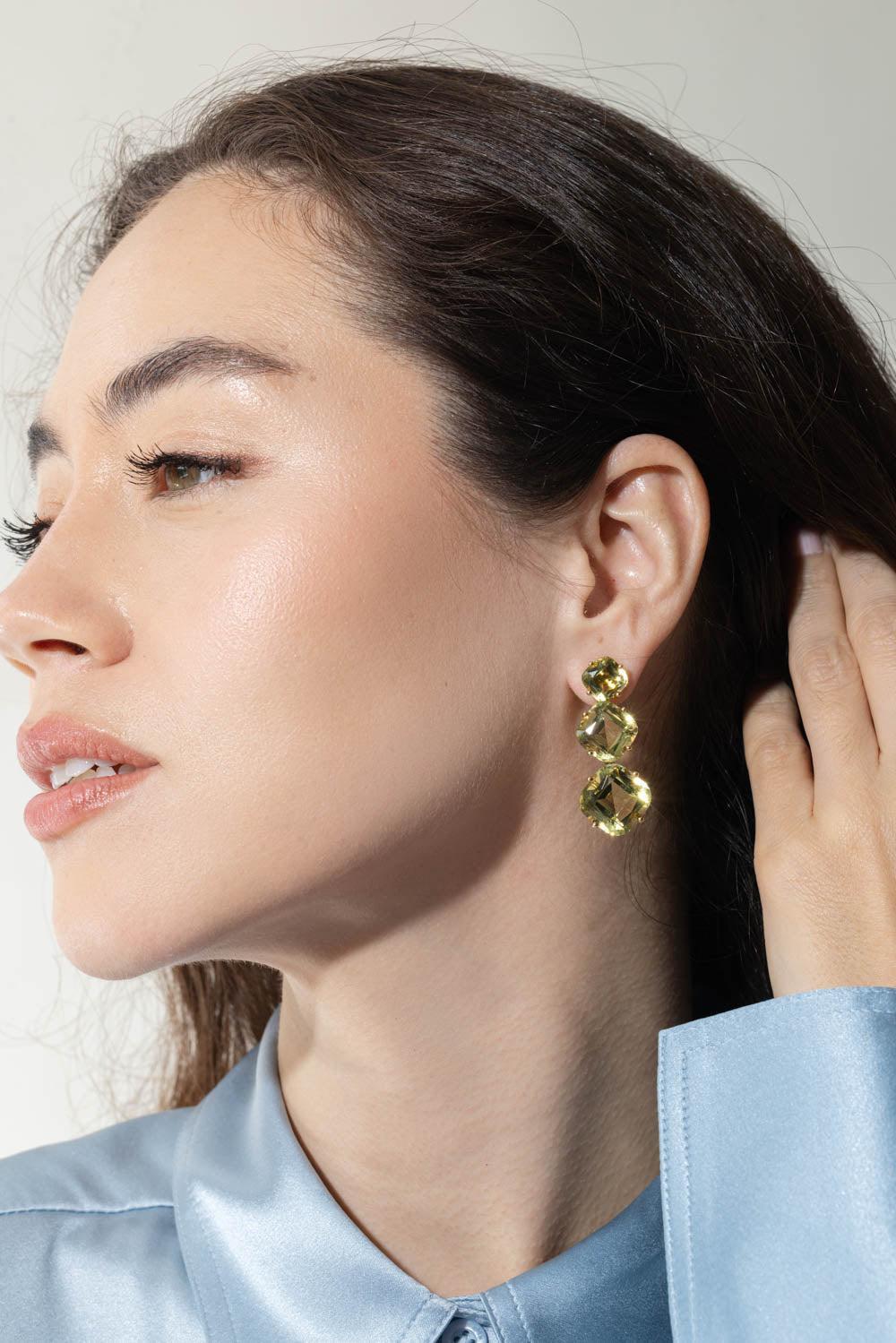 GOSHWARA-Gossip Three Drop Lemon Quartz Earrings-YELLOW GOLD