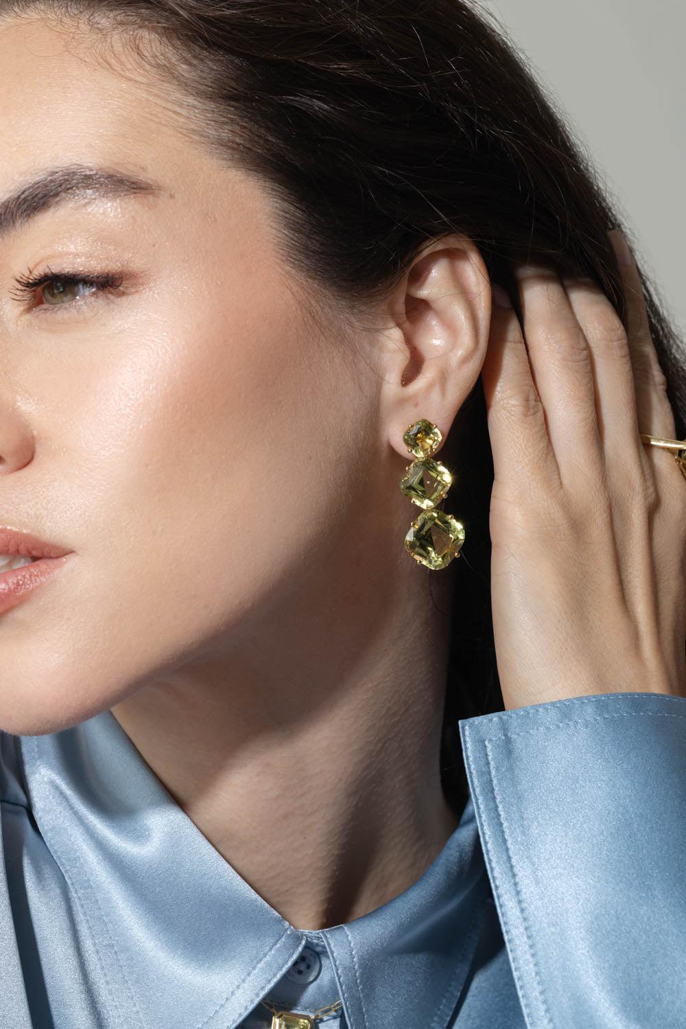 GOSHWARA-Gossip Three Drop Lemon Quartz Earrings-YELLOW GOLD