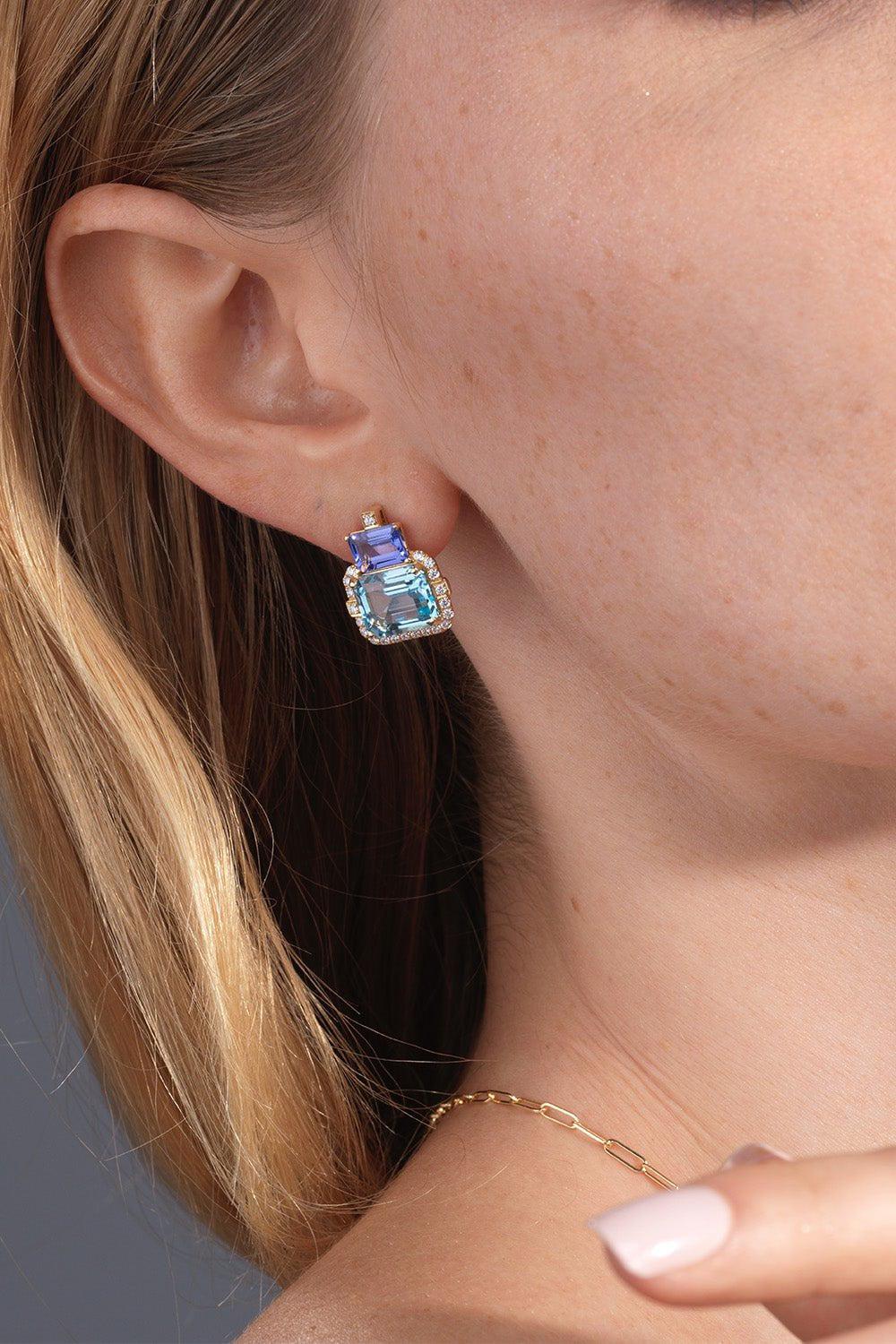 GOSHWARA-Gossip Two Tier Blue Topaz Tanzanite Earrings-YELLOW GOLD