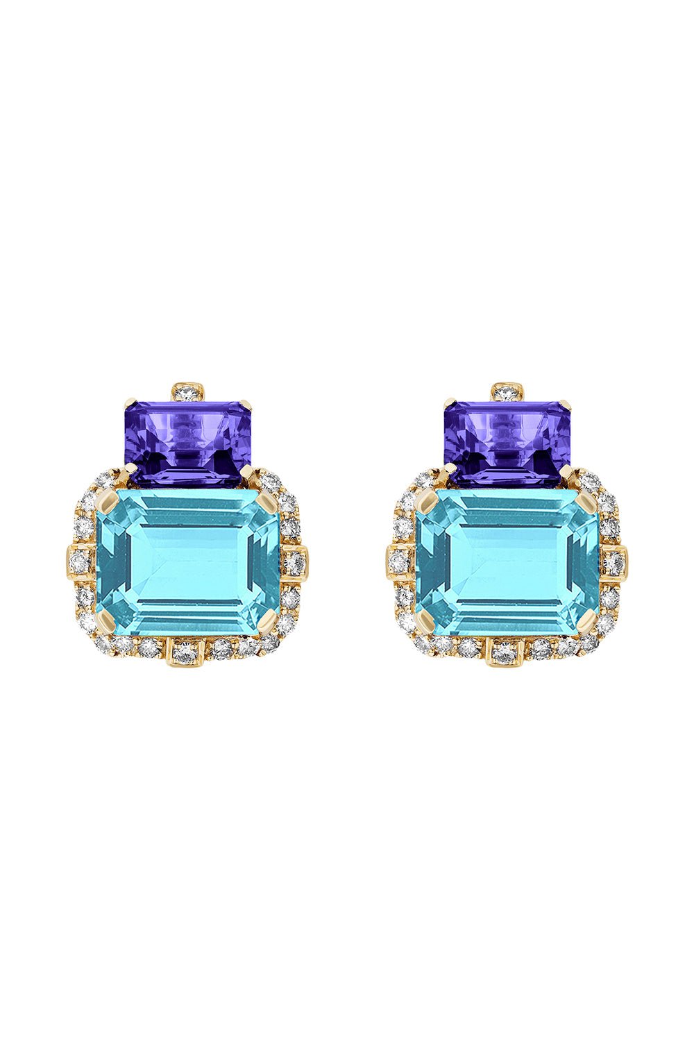 GOSHWARA-Gossip Two Tier Blue Topaz Tanzanite Earrings-YELLOW GOLD