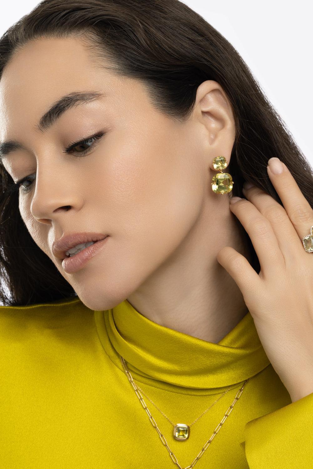 Lemon Quartz Two Tier Gossip Earrings-YELLOW GOLD-JEWELRYFINE JEWELEARRING-GOSHWARA
