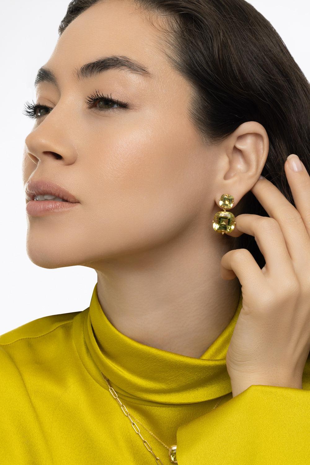 Lemon Quartz Two Tier Gossip Earrings-YELLOW GOLD-JEWELRYFINE JEWELEARRING-GOSHWARA