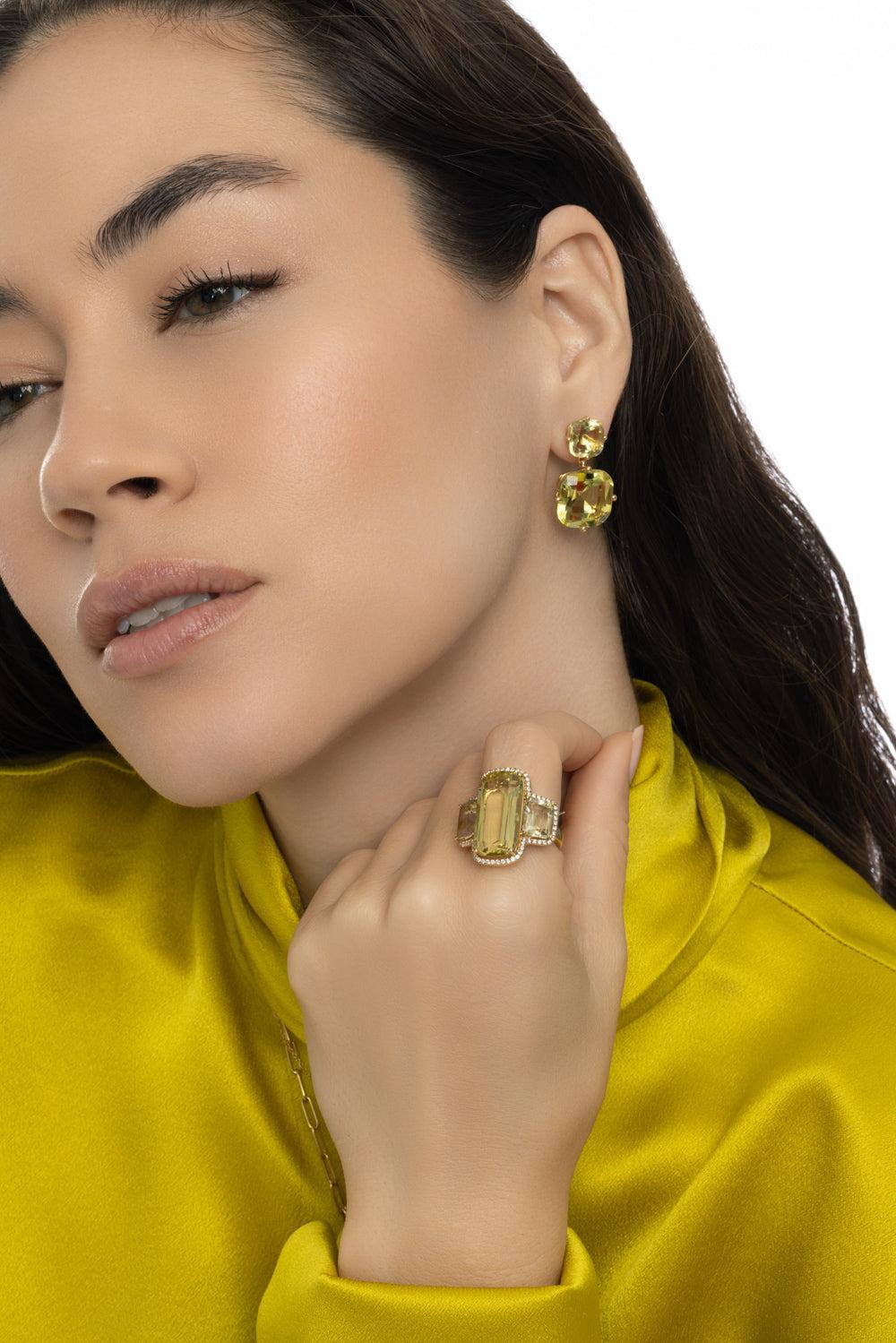 Lemon Quartz Two Tier Gossip Earrings-YELLOW GOLD-JEWELRYFINE JEWELEARRING-GOSHWARA