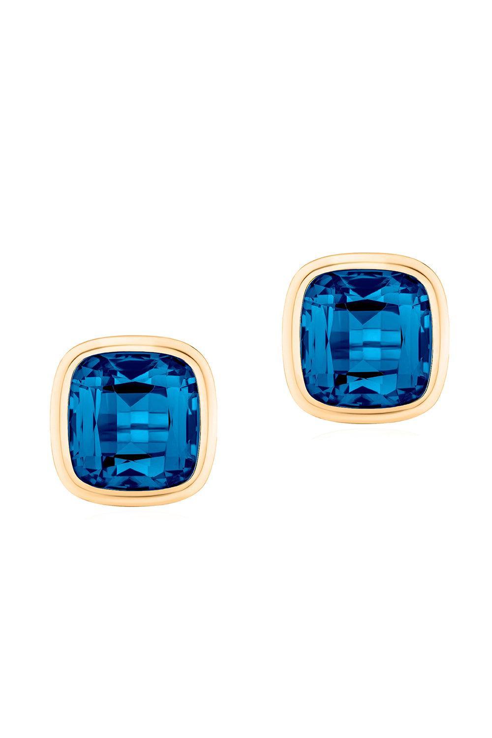 London Blue Topaz Cushion Bezel Manhattan Stud Earrings-YELLOW GOLD-JEWELRYFINE JEWELEARRING-GOSHWARA