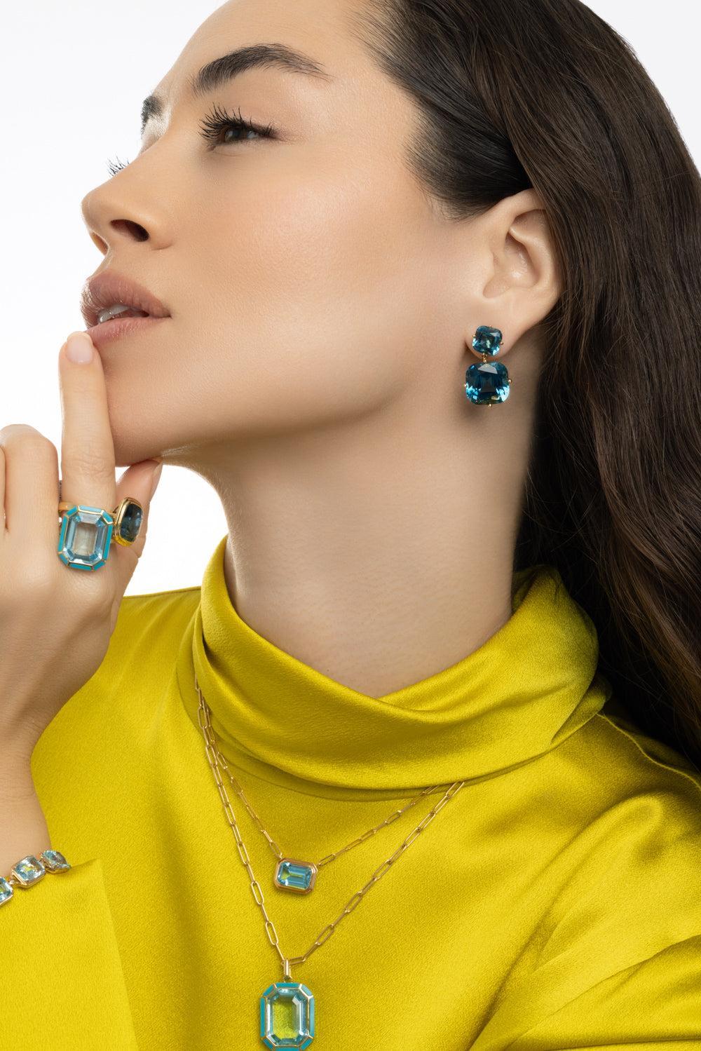 London Blue Topaz Two Drop Gossip Earrings-YELLOW GOLD-JEWELRYFINE JEWELEARRING-GOSHWARA