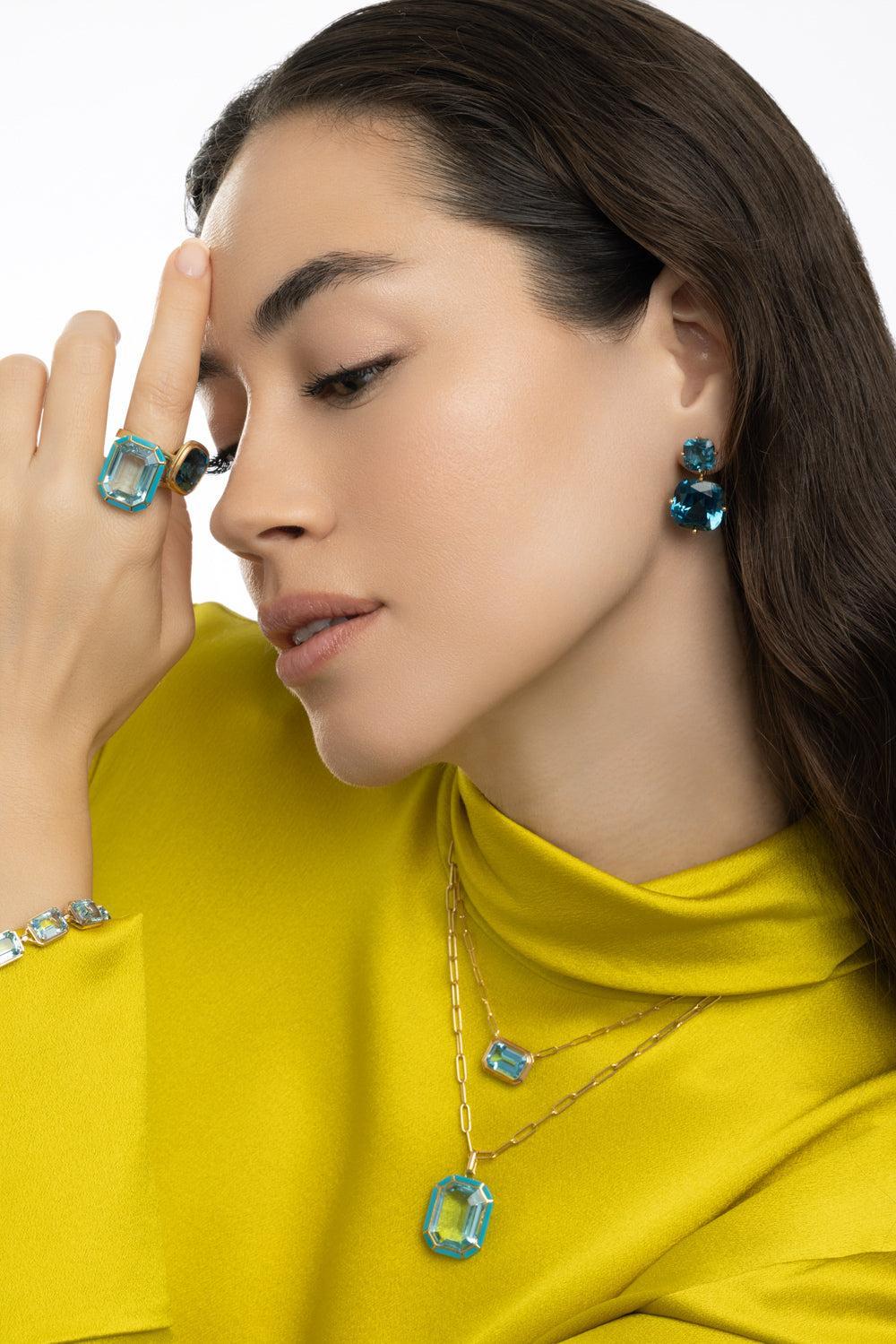 London Blue Topaz Two Drop Gossip Earrings-YELLOW GOLD-JEWELRYFINE JEWELEARRING-GOSHWARA