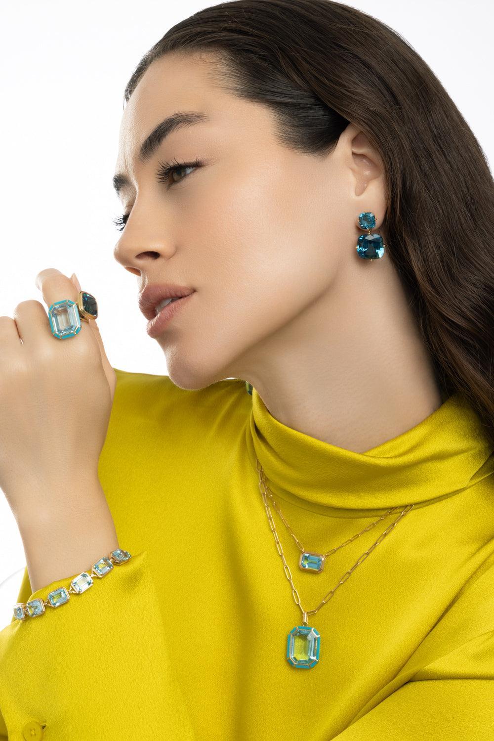 London Blue Topaz Two Drop Gossip Earrings-YELLOW GOLD-JEWELRYFINE JEWELEARRING-GOSHWARA