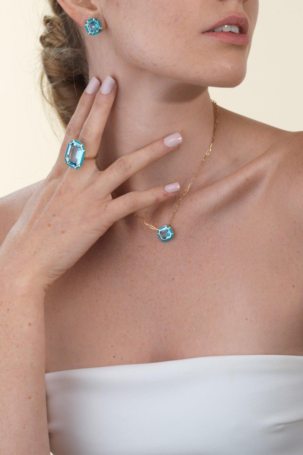 GOSHWARA-Melange Blue Topaz Turquoise Stud Earrings-YELLOW GOLD