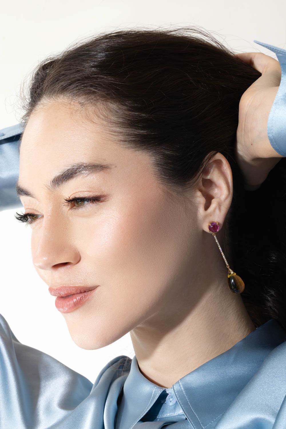 GOSHWARA-Naughty Rubelite Citrine Drop Earrings-YELLOW GOLD