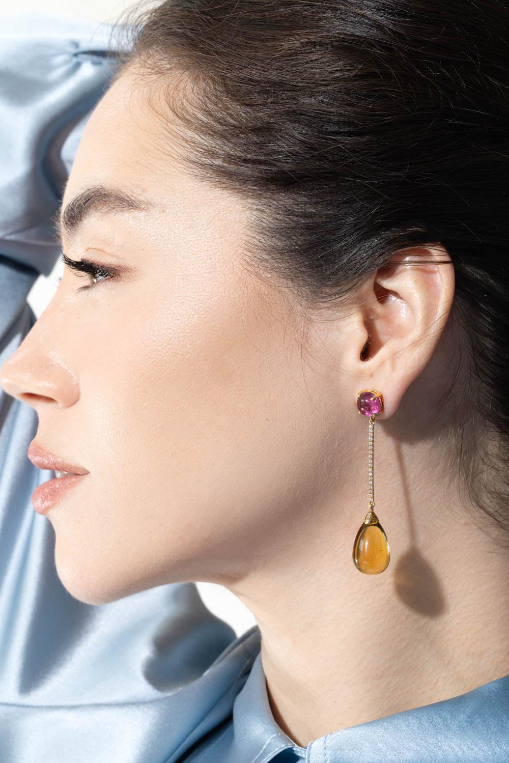 GOSHWARA-Naughty Rubelite Citrine Drop Earrings-YELLOW GOLD