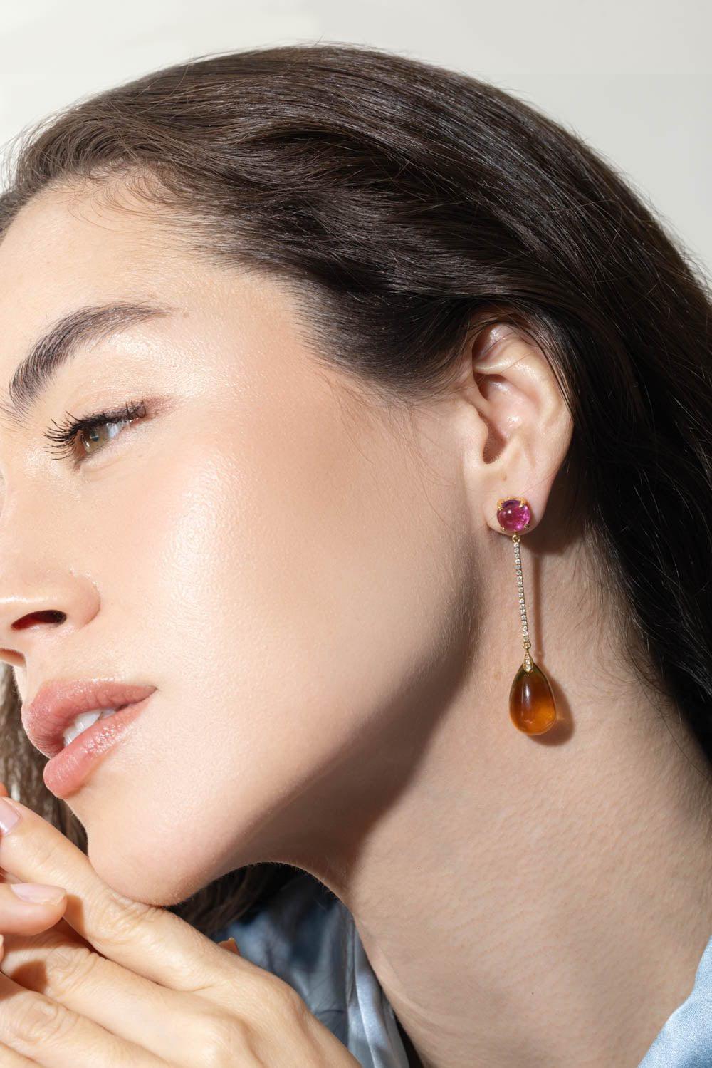 GOSHWARA-Naughty Rubelite Citrine Drop Earrings-YELLOW GOLD