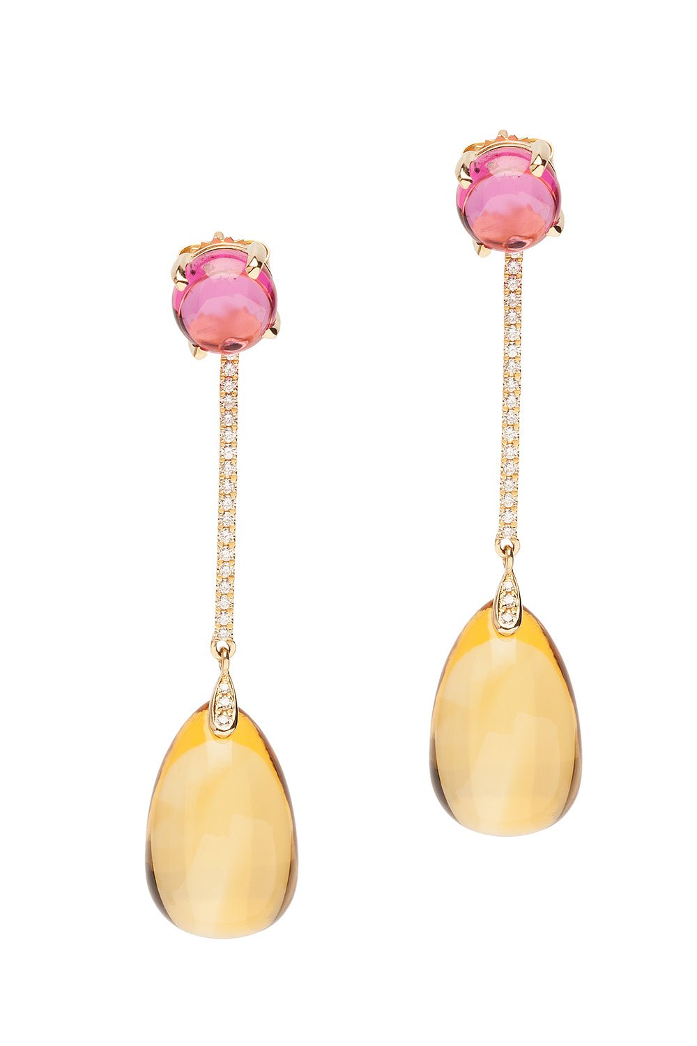 GOSHWARA-Naughty Rubelite Citrine Drop Earrings-YELLOW GOLD