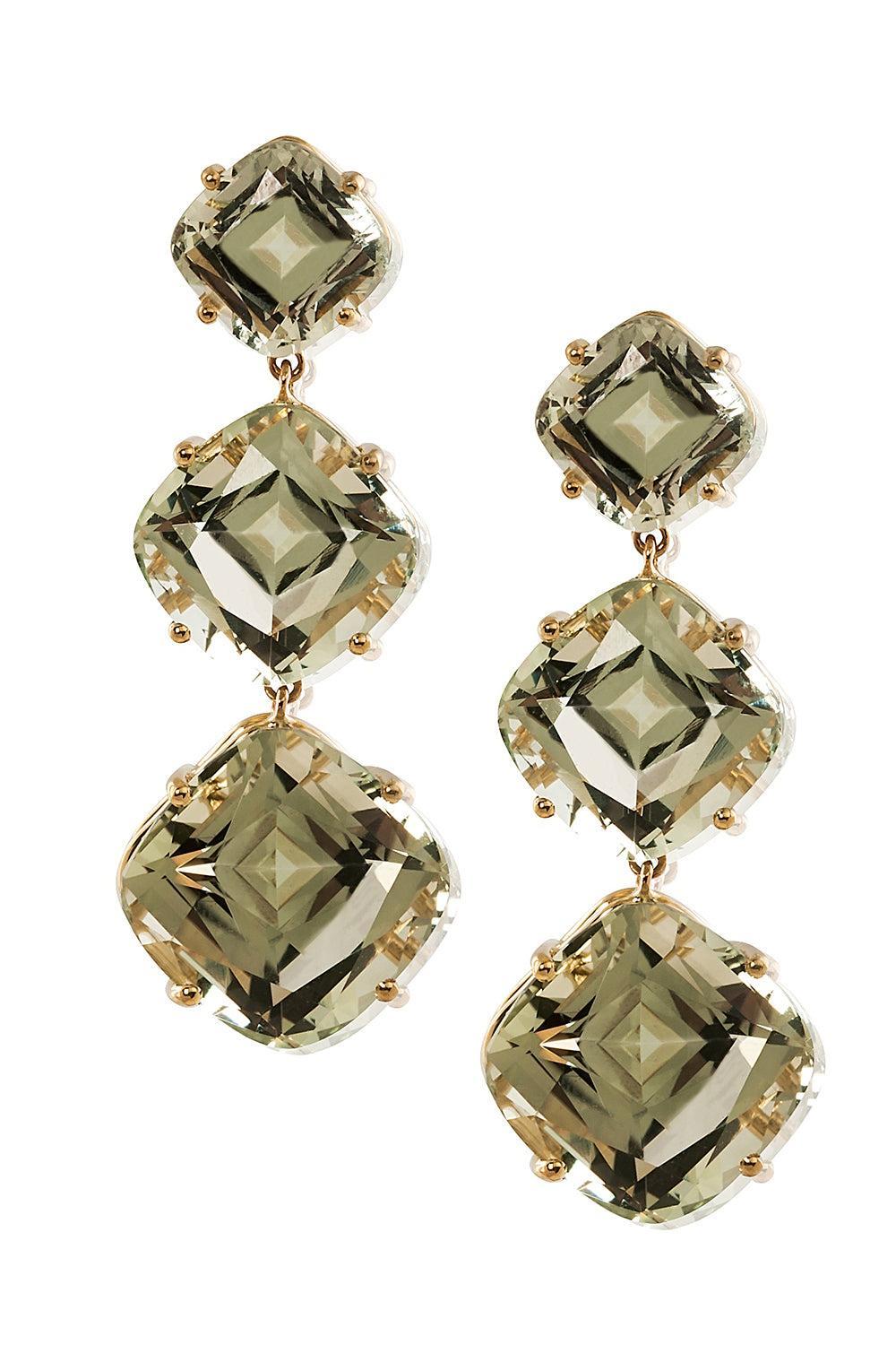 Prasiolite Cushion Three Stone Gossip Earrings-YELLOW GOLD-JEWELRYFINE JEWELEARRING-GOSHWARA