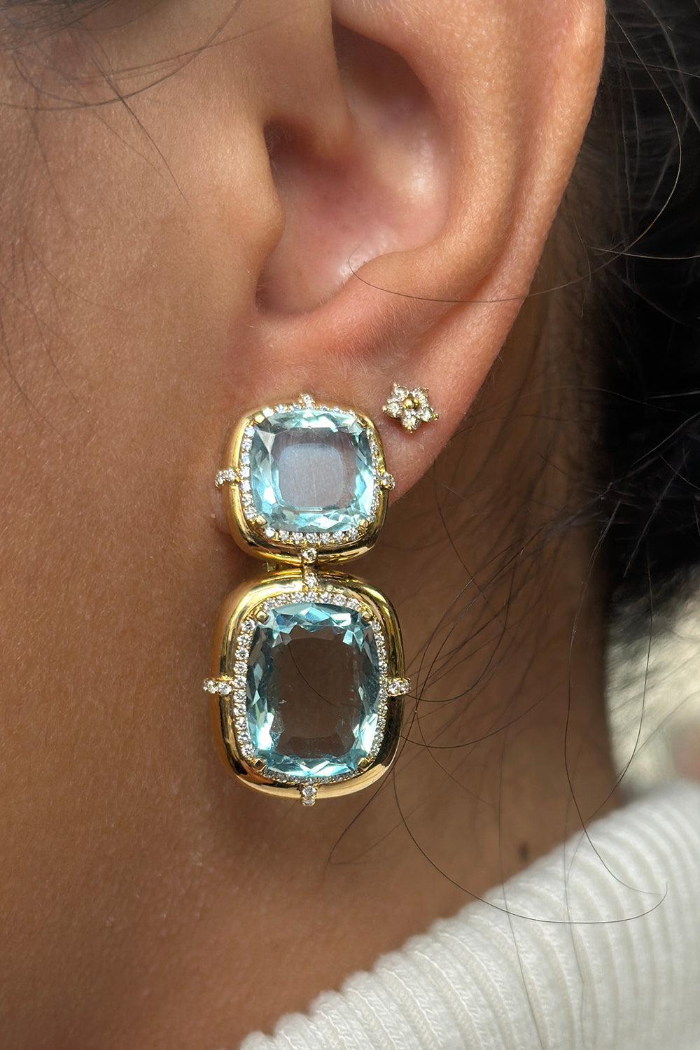 Two Row Aquamarine G-Classics Earrings-YELLOW GOLD-JEWELRYFINE JEWELEARRING-GOSHWARA