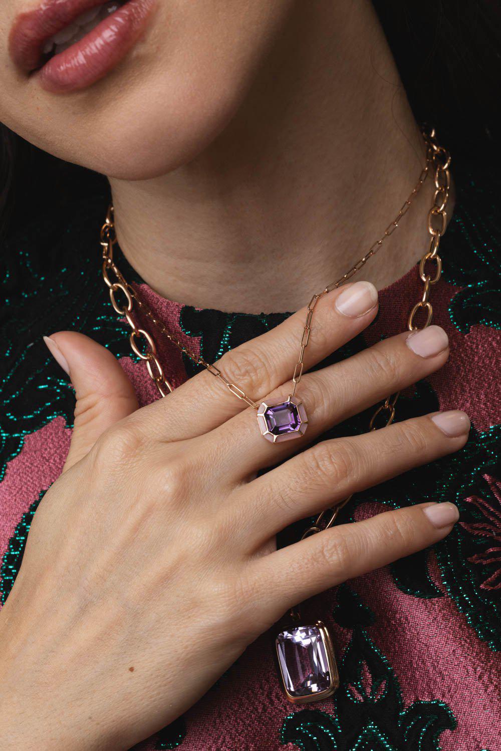 GOSHWARA-Melange Amethyst Pink Opal Pendant Necklace-ROSE GOLD
