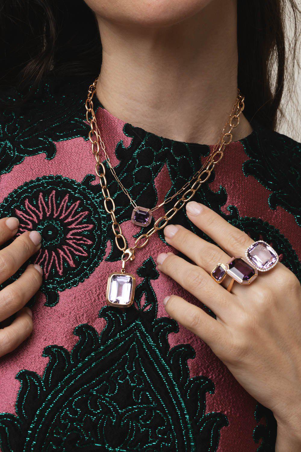 GOSHWARA-Melange Amethyst Pink Opal Pendant Necklace-ROSE GOLD