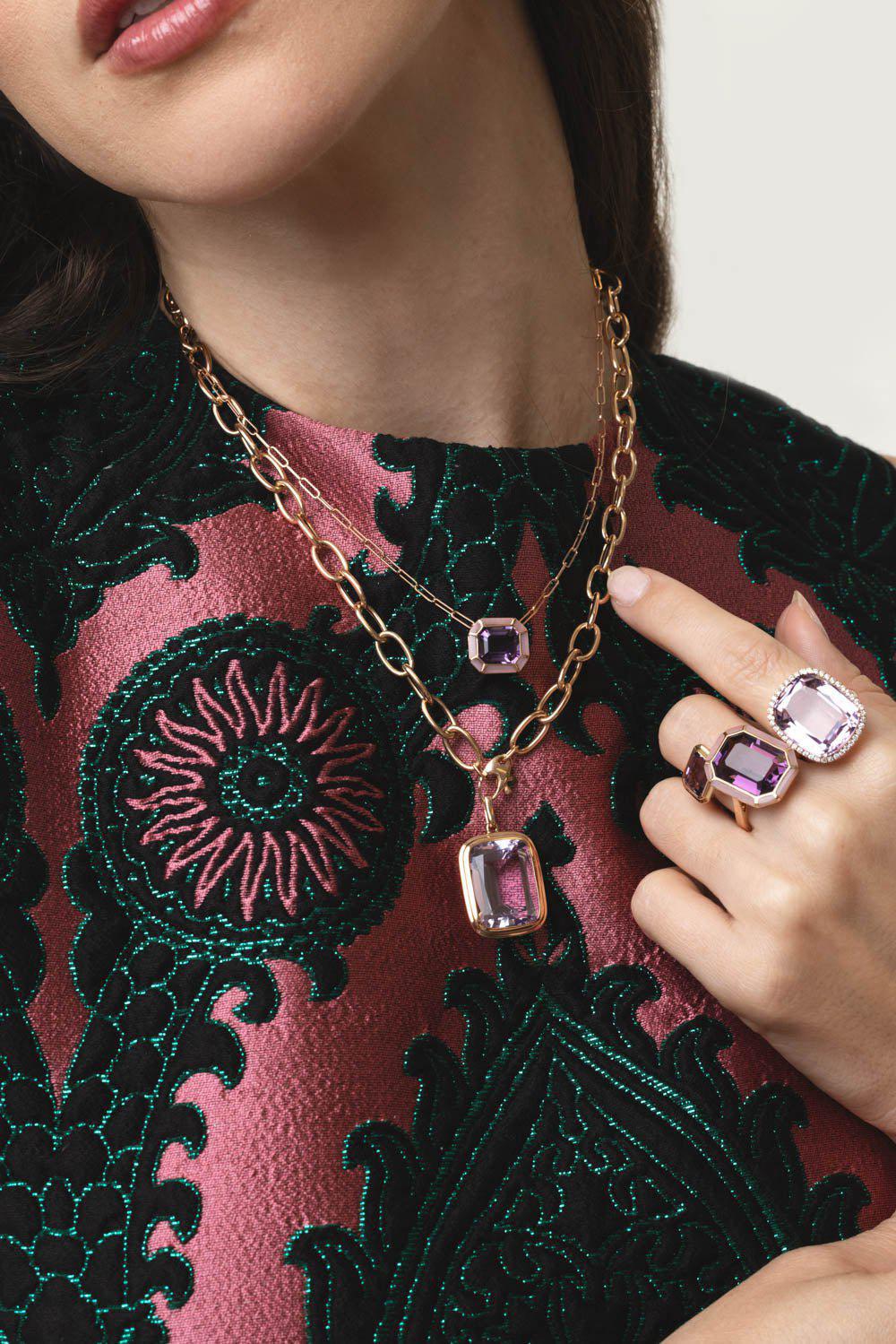 GOSHWARA-Melange Amethyst Pink Opal Pendant Necklace-ROSE GOLD