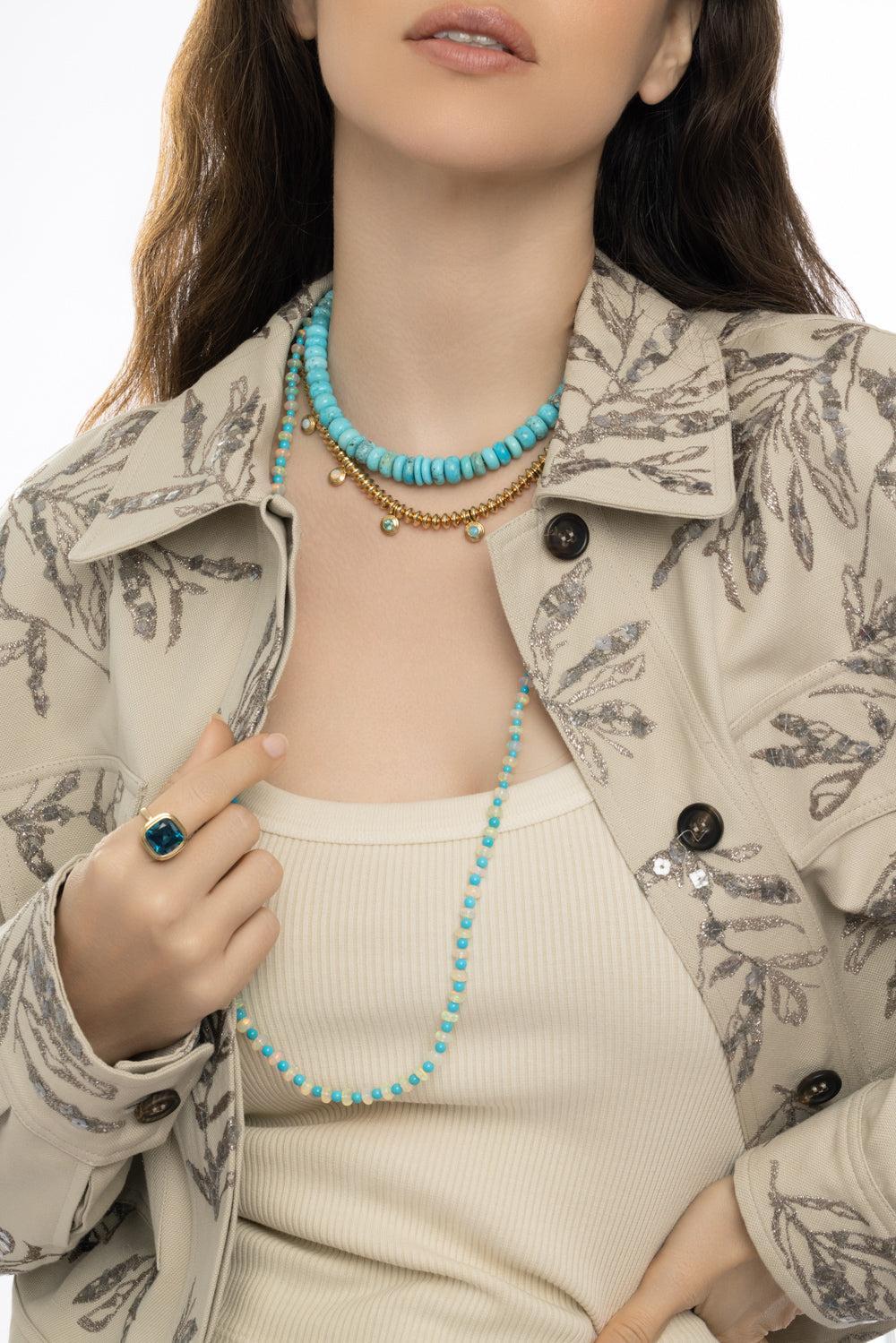 Ethiopian Opal Turquoise Beyond Beaded Necklace-YELLOW GOLD-35-JEWELRYFINE JEWELNECKLACE O-GOSHWARA