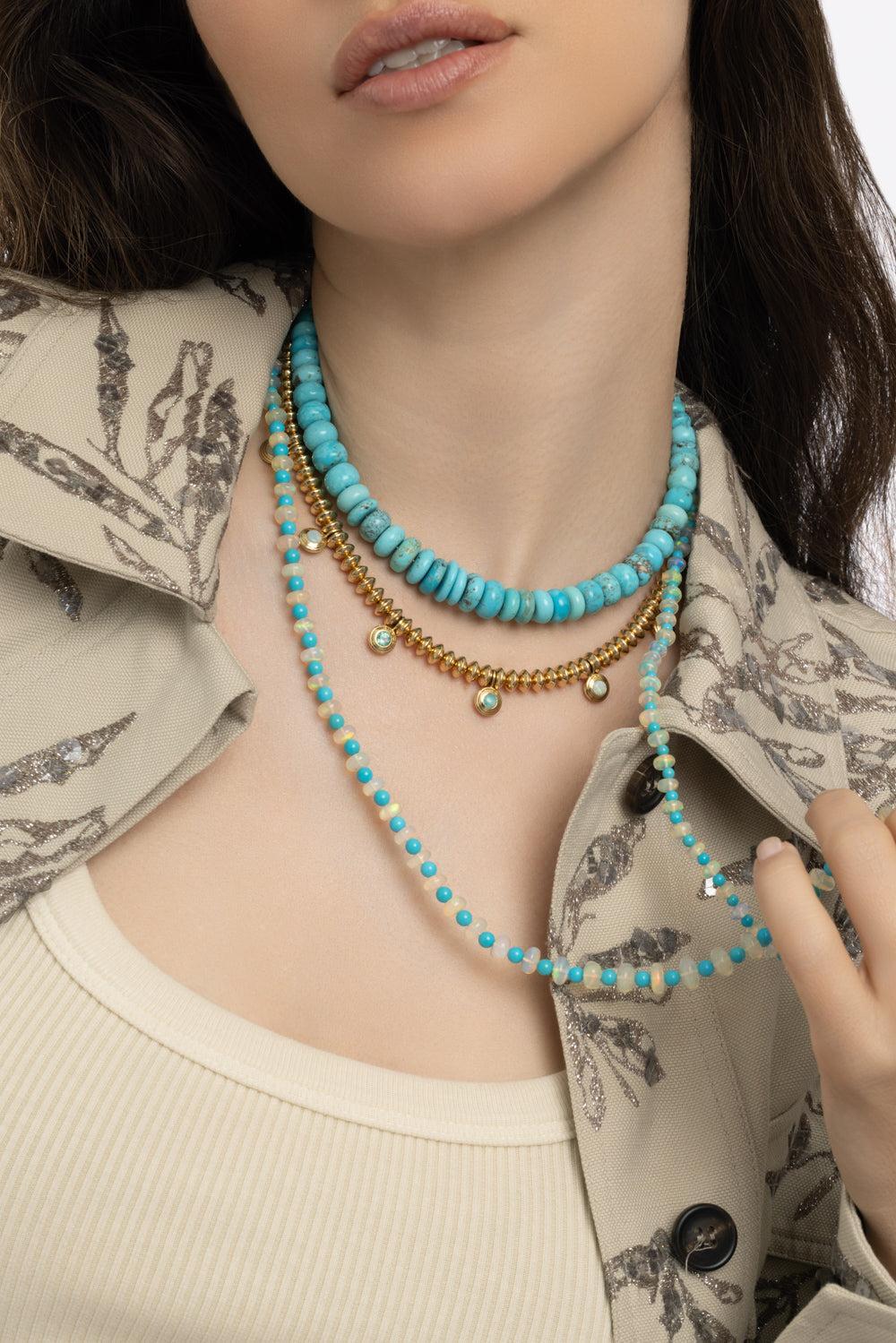 Ethiopian Opal Turquoise Beyond Beaded Necklace-YELLOW GOLD-35-JEWELRYFINE JEWELNECKLACE O-GOSHWARA