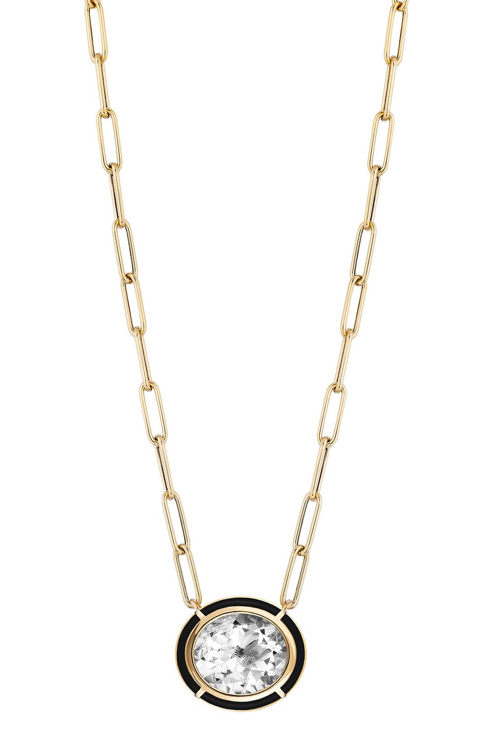 GOSHWARA-Melange Rock Crystal Onyx Oval Pendant Necklace-YELLOW GOLD