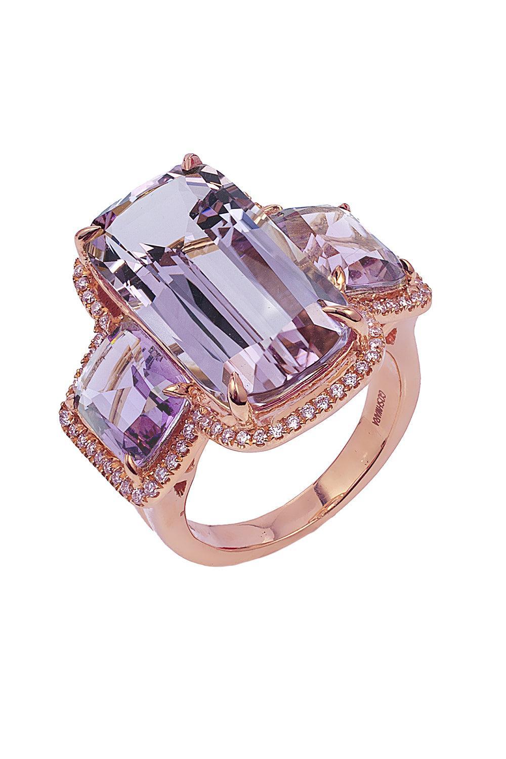 Lavender Amethyst Three Stone Gossip Ring-ROSE GOLD-6.5-JEWELRYFINE JEWELRING-GOSHWARA