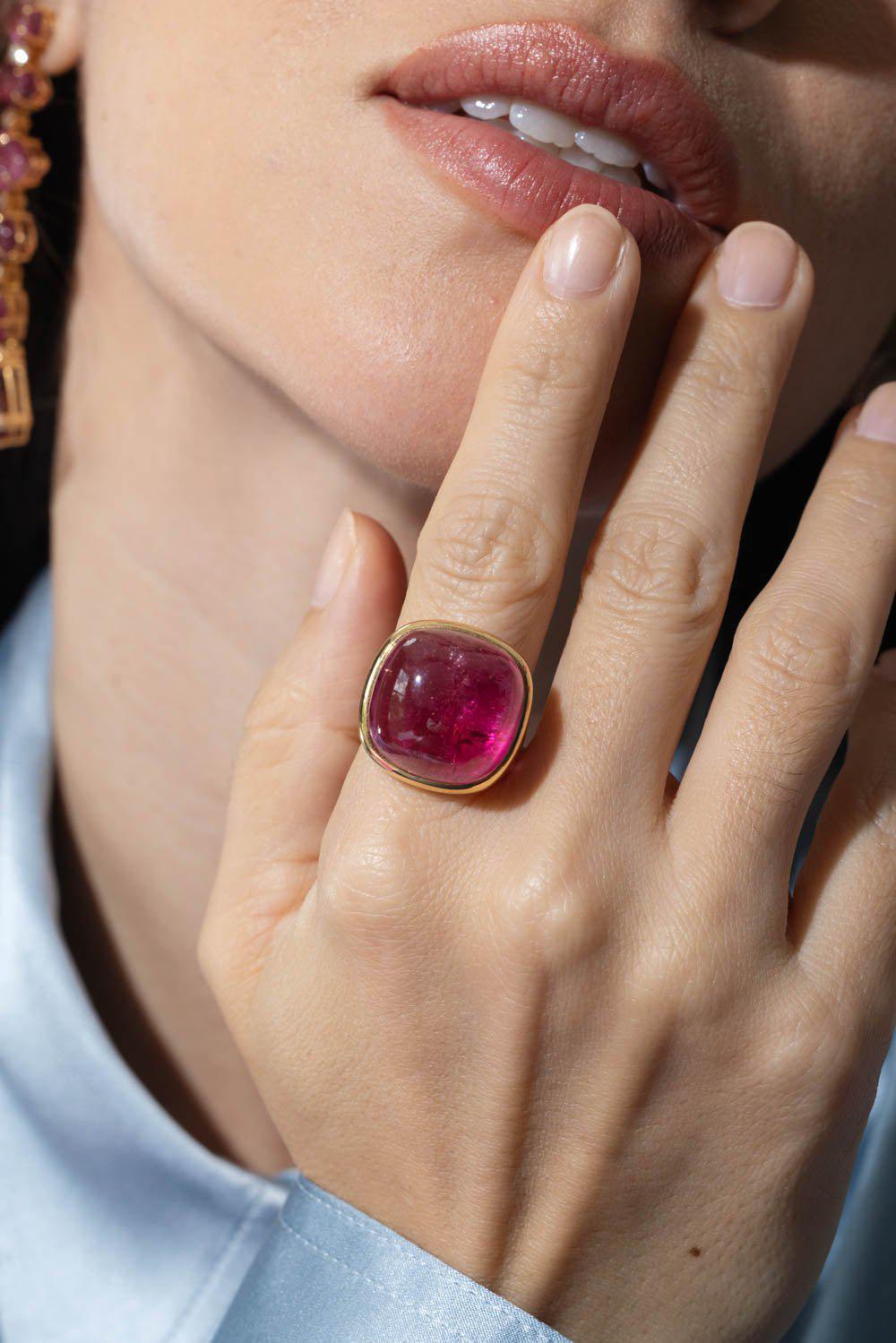 GOSHWARA-G-One Rubelite Sugar loaf Ring-YELLOW GOLD