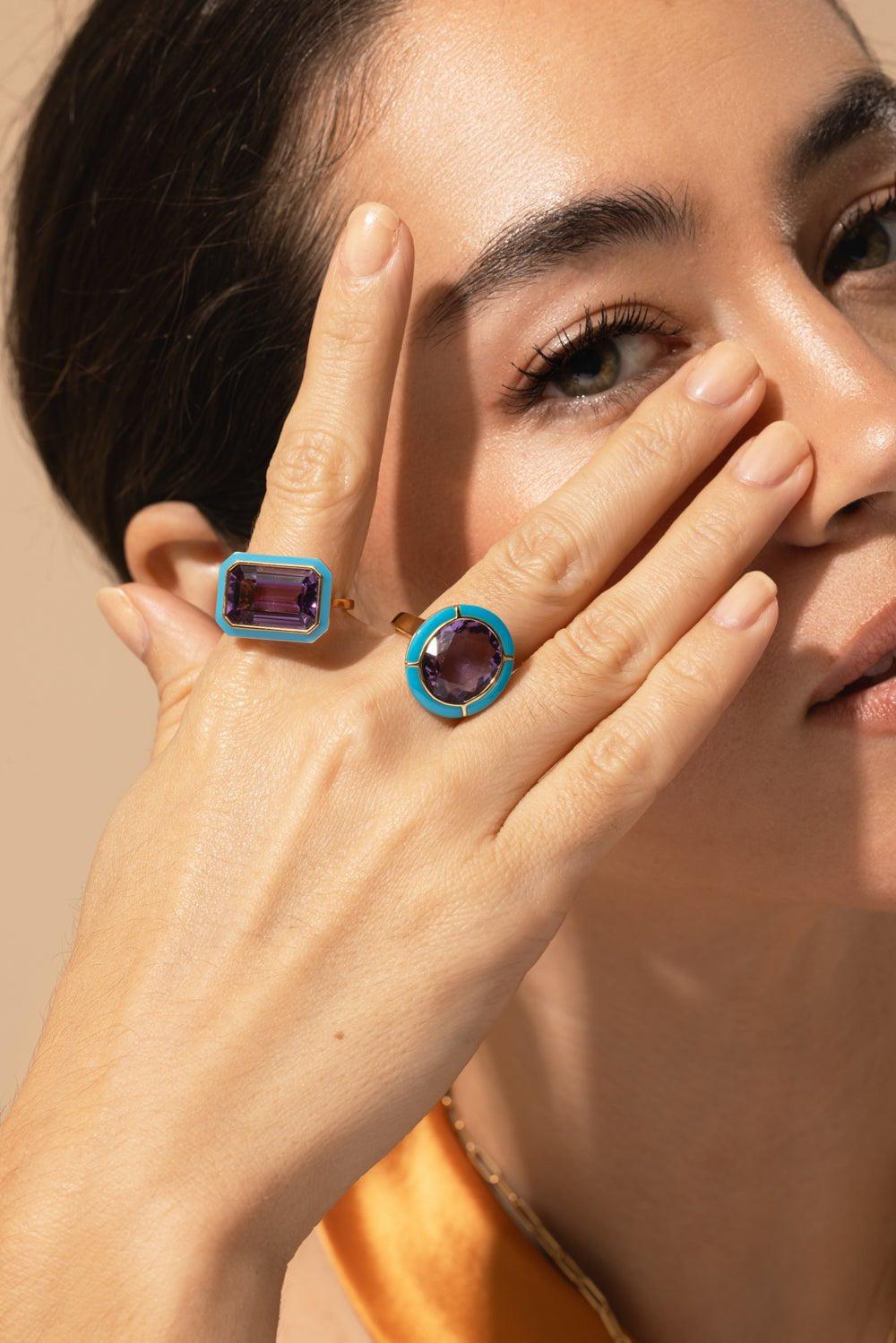 GOSHWARA-East West Amethyst Enamel Ring-YELLOW GOLD