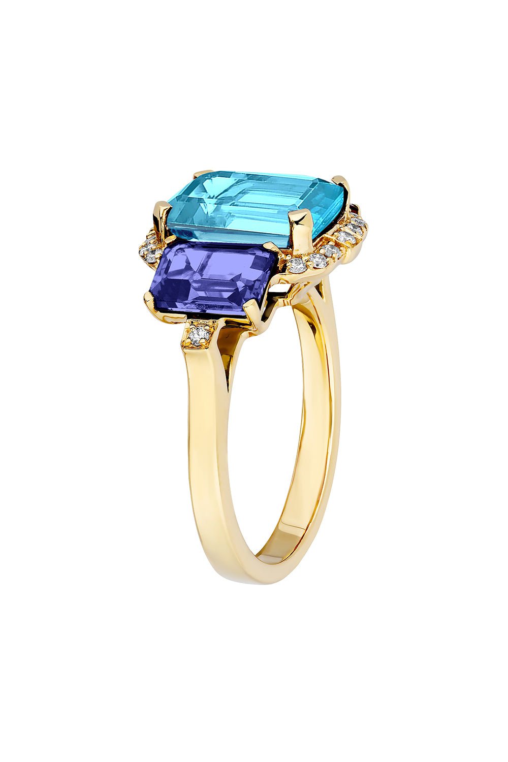GOSHWARA-Gossip 3 Stone Blue Topaz Tanzanite Ring-YELLOW GOLD