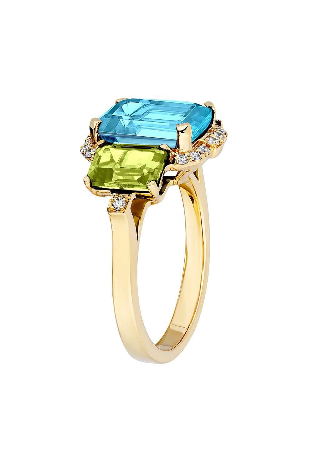 GOSHWARA-Gossip Three Stone Blue Topaz Peridot Ring-YELLOW GOLD