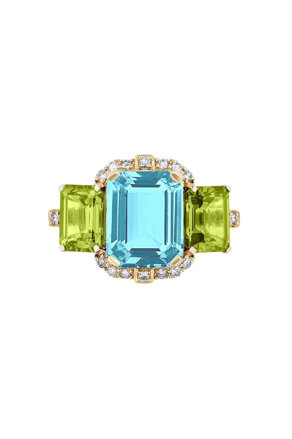 GOSHWARA-Gossip Three Stone Blue Topaz Peridot Ring-YELLOW GOLD