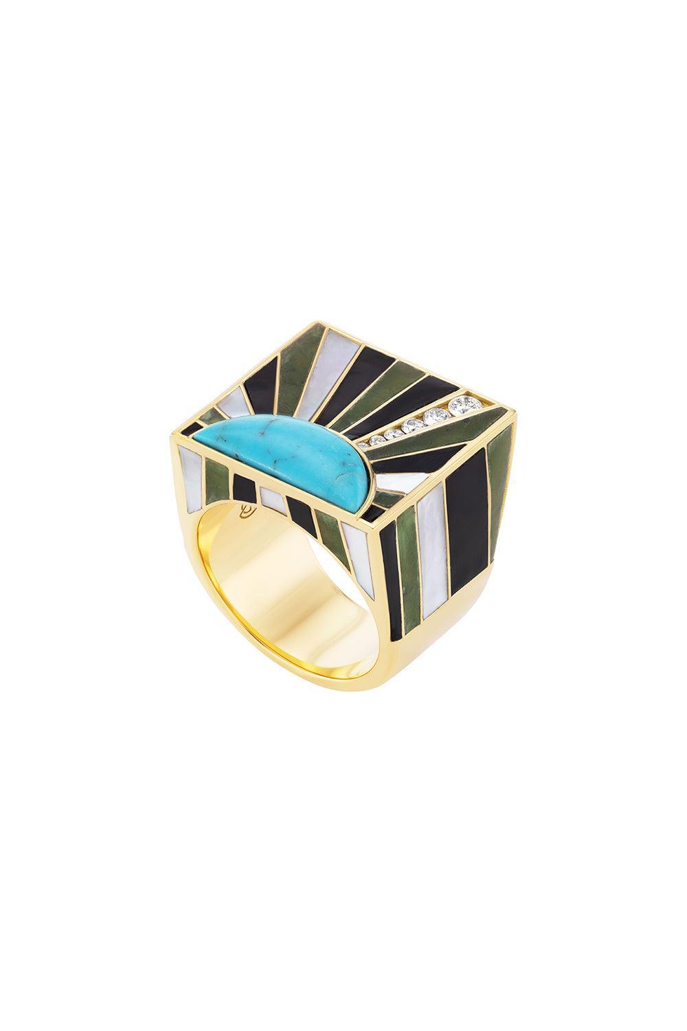 Turquoise Pearl Sun Ray Ring-YELLOW GOLD-7-JEWELRYFINE JEWELRING-GRACE WINFREY