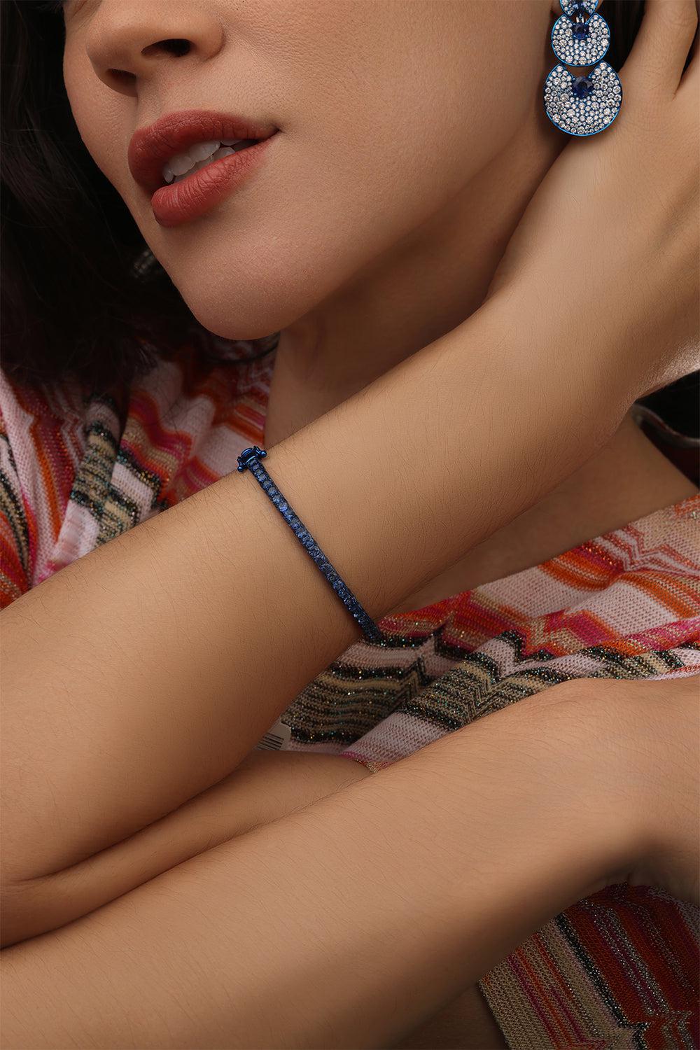 Blue Sapphire 3 Sided Bangle Bracelet-WHITE GOLD-JEWELRYFINE JEWELBRACELET O-GRAZIELA