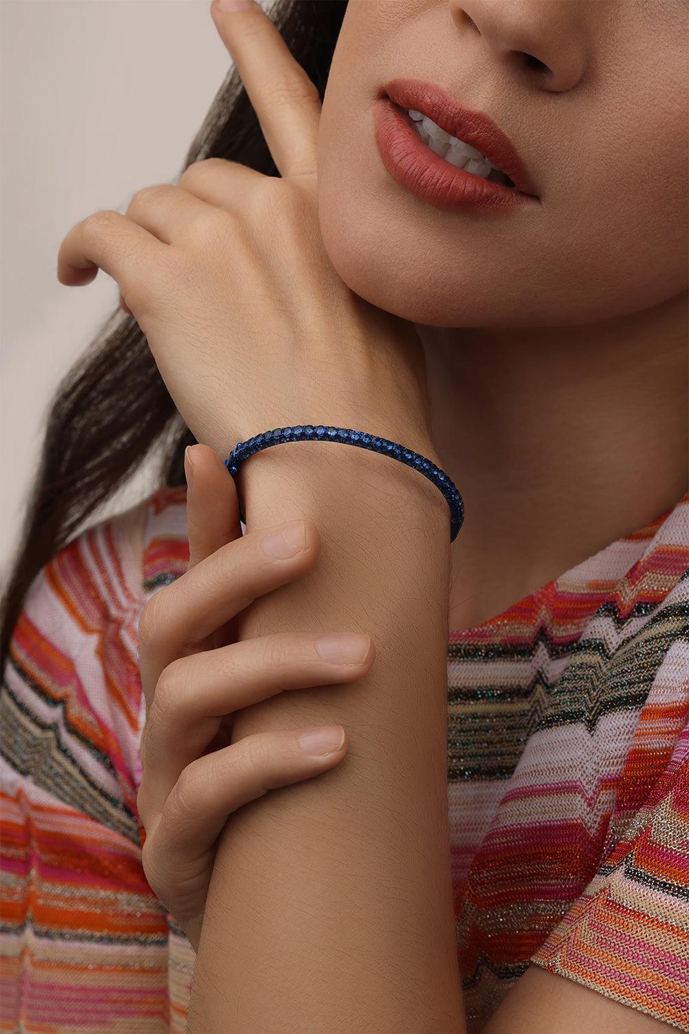 Blue Sapphire 3 Sided Bangle Bracelet-WHITE GOLD-JEWELRYFINE JEWELBRACELET O-GRAZIELA