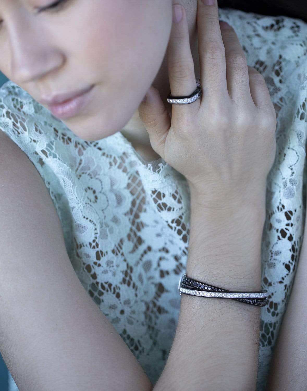 GRAZIELA-Double Black and White Diamond Enamel Bangle-WHITE GOLD