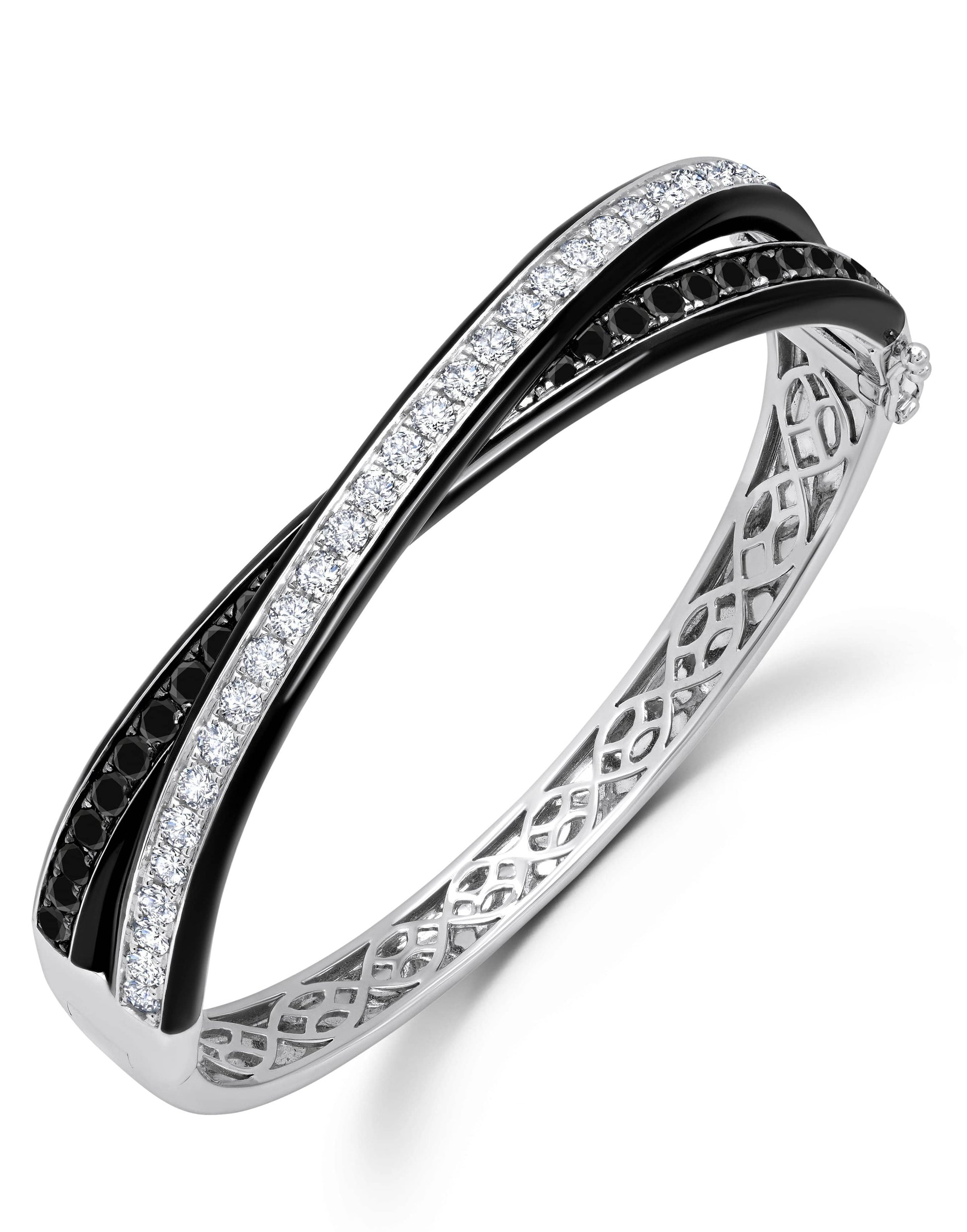 GRAZIELA-Double Black and White Diamond Enamel Bangle-WHITE GOLD