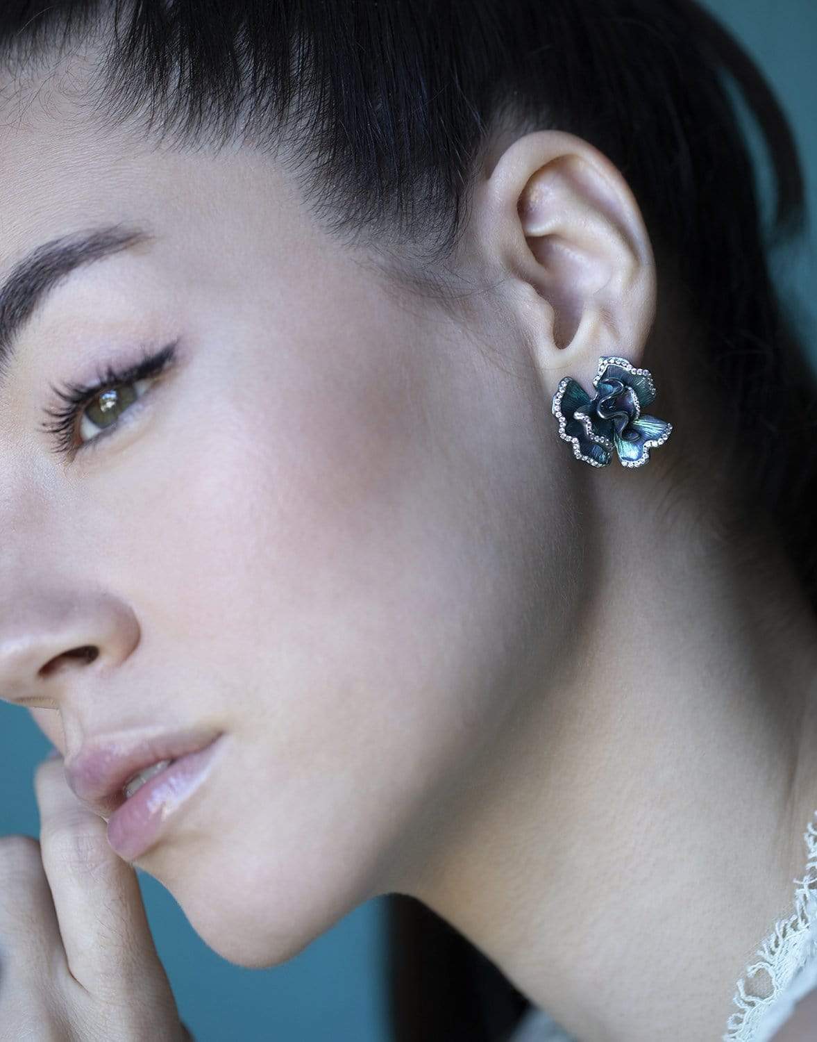 GRAZIELA-Green Titanium and Diamond Flower Earrings-TITANIUM
