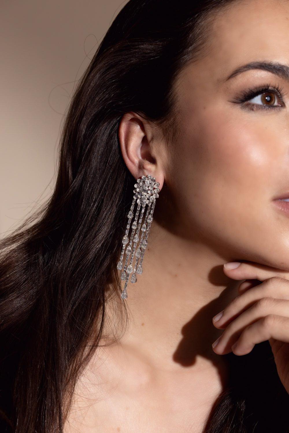 GRAZIELA-Ascension Fringe Statement Earrings-WHITE GOLD