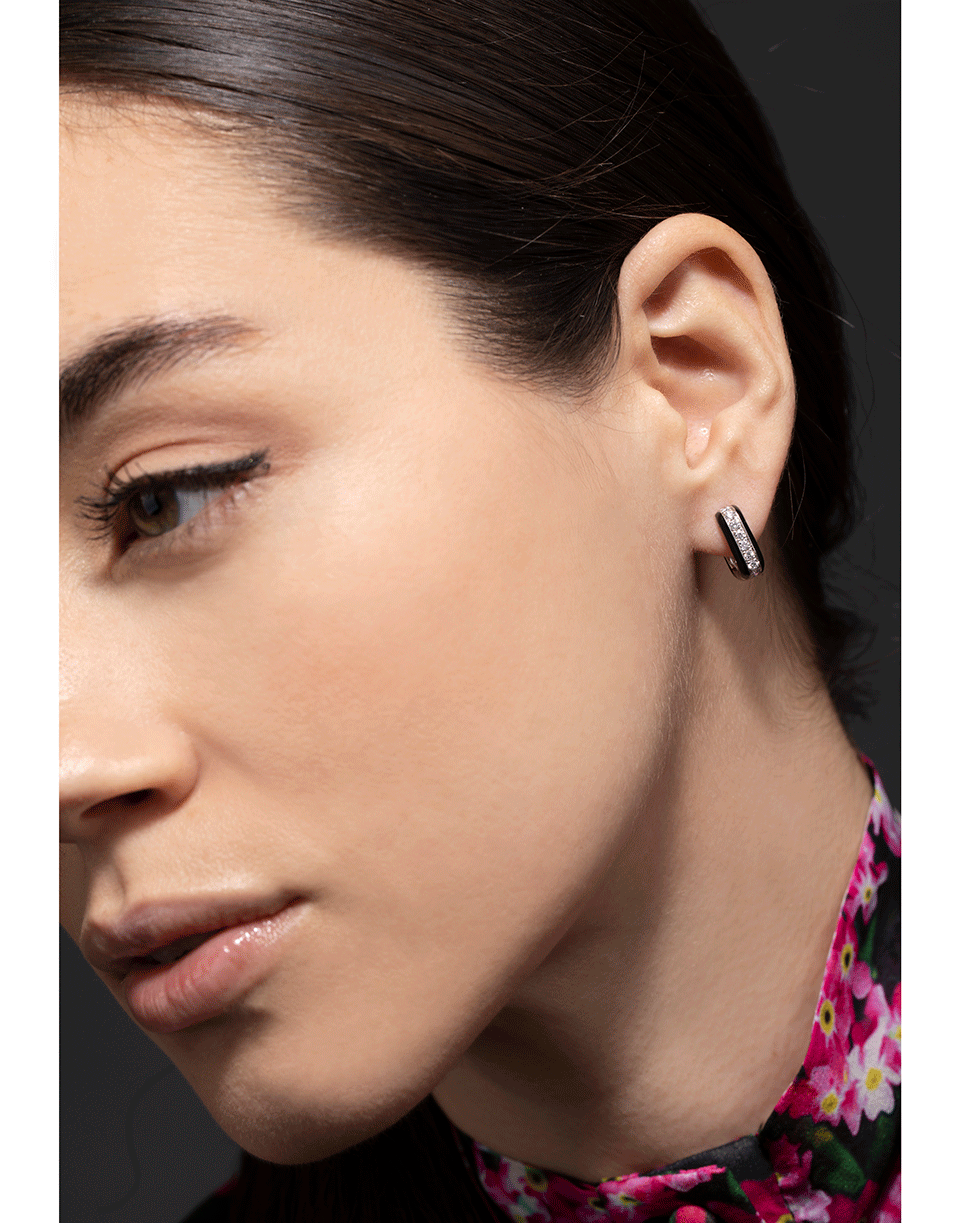 GRAZIELA-Black Enamel and Diamond Huggies-WHITE GOLD