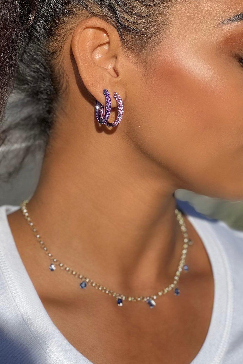 GRAZIELA-Large Sapphire Pink Rhodium 3 Sided Hoop Earrings-WHITE GOLD