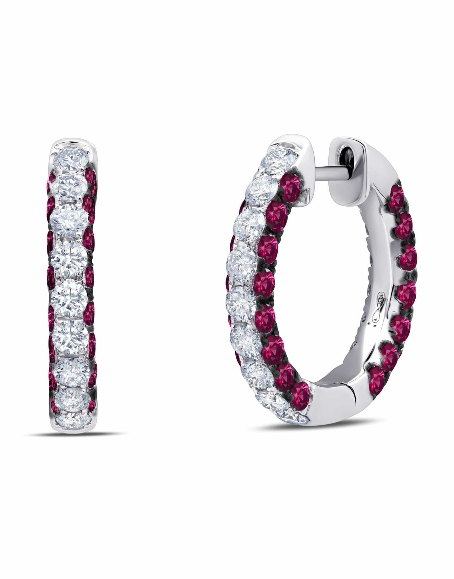 GRAZIELA-Ruby and Diamond 3 Sided Hoop Earrings-WHITE GOLD