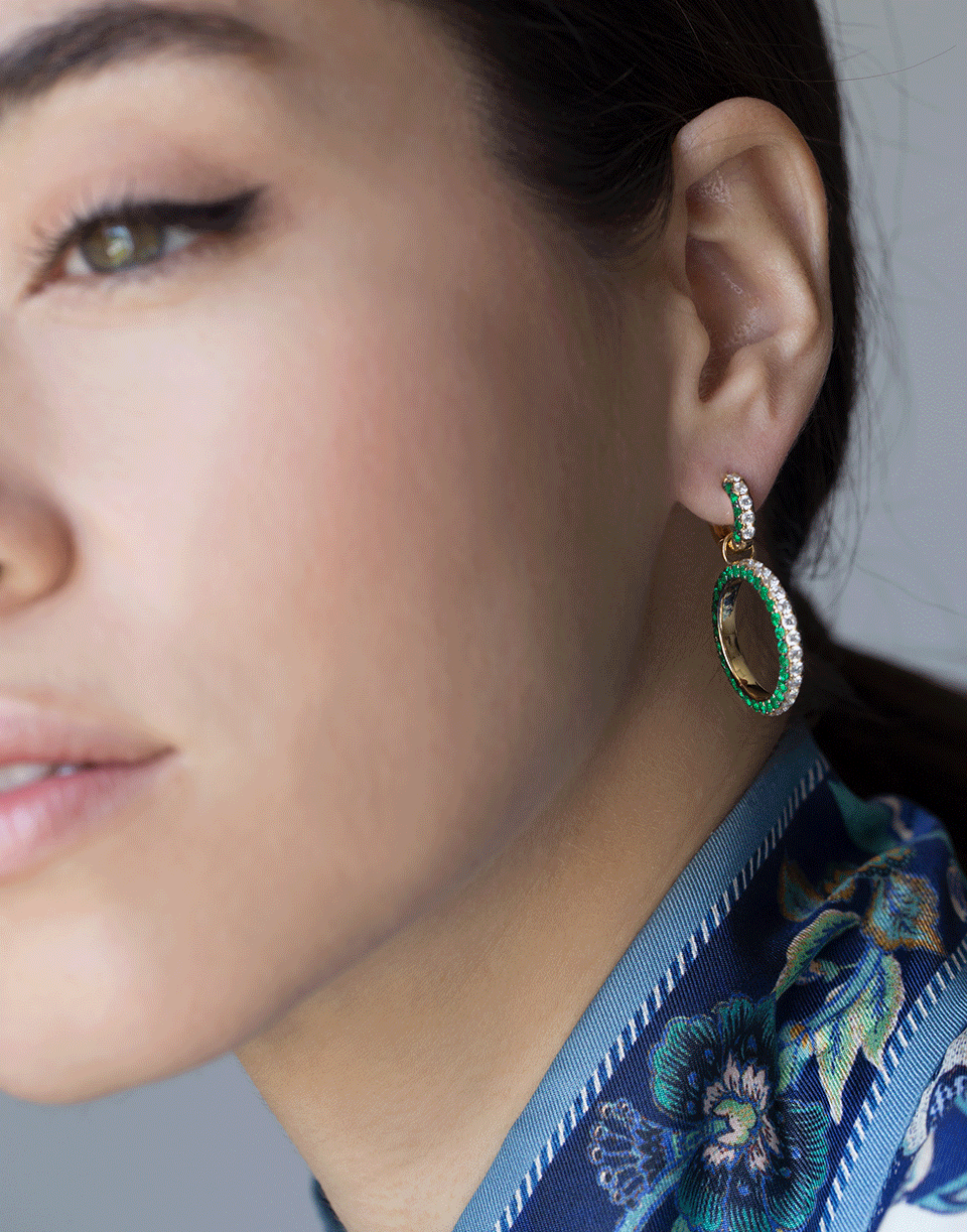 GRAZIELA-Emerald and Diamond Three Sided Earrings-YELLOW GOLD