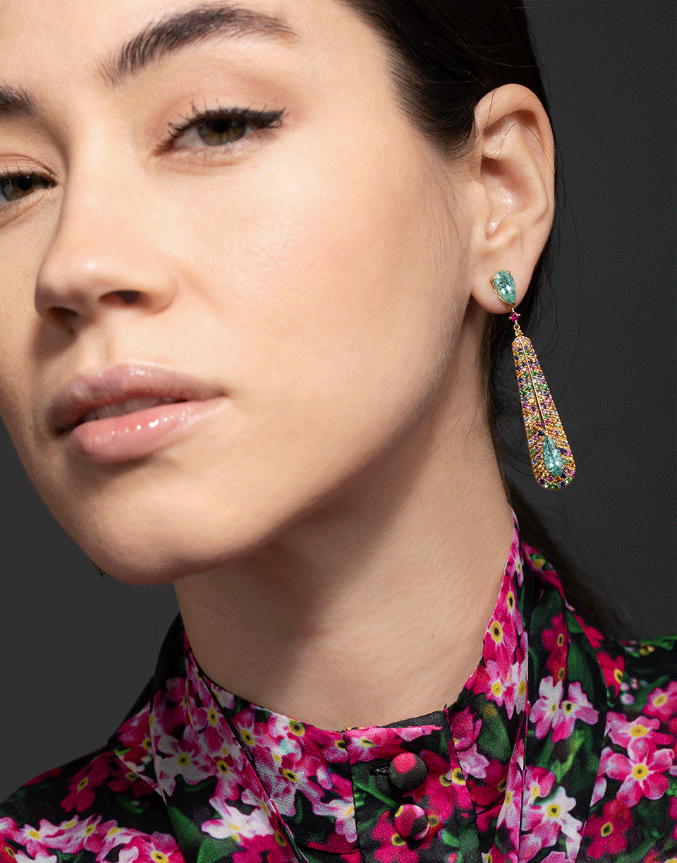 GRAZIELA-Tourmaline, Sapphire, Tsavorite and Amethyst Drop Earrings-YELLOW GOLD