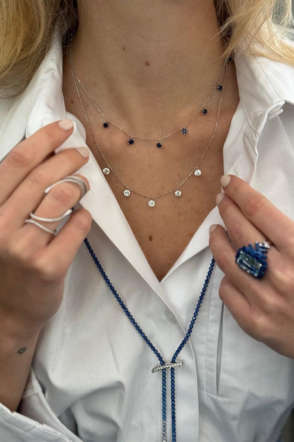 GRAZIELA-Mega Swirl Ombre Sapphire Slide Lariat Necklace-WHITE GOLD