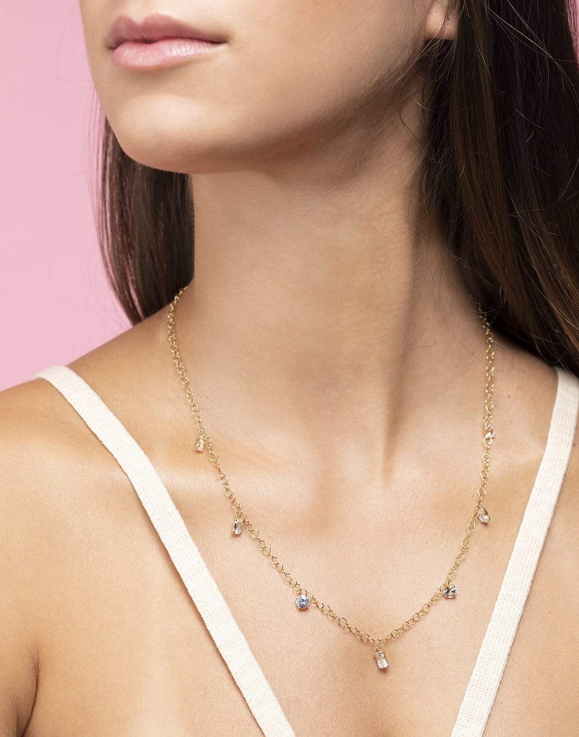 GRAZIELA-White Sapphire Circle Link Necklace-YELLOW GOLD