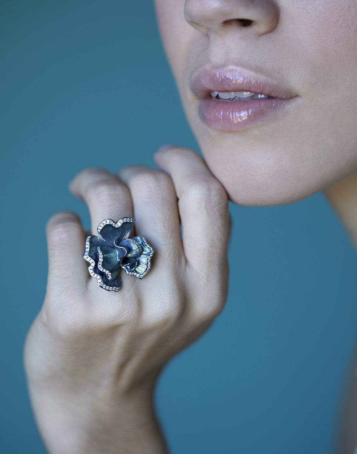 GRAZIELA-Satin Teal Titanium Flower Ring-TITANIUM