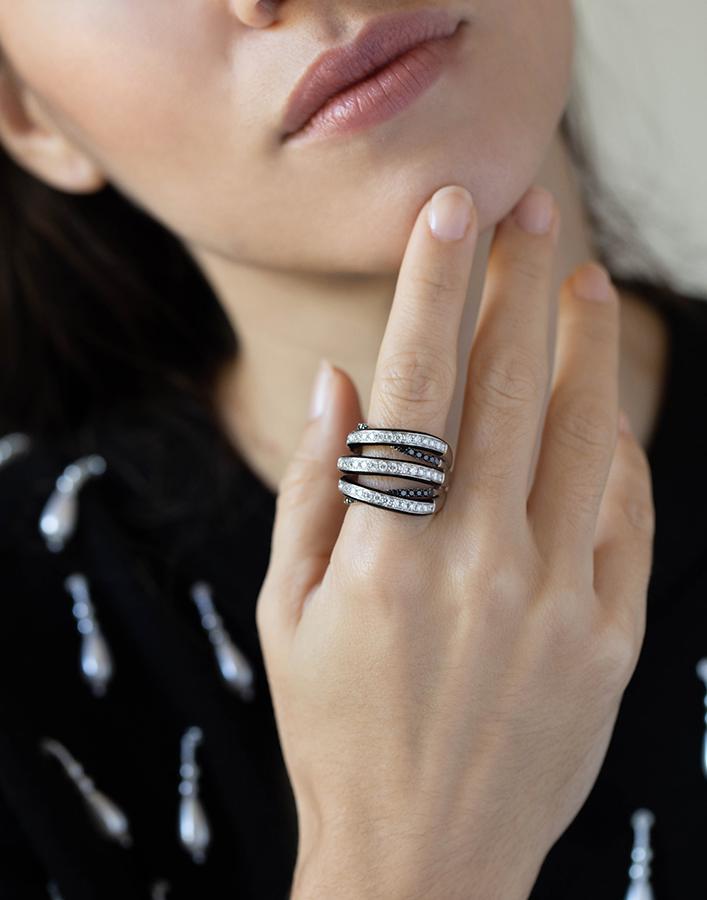 GRAZIELA-Black and White Diamond Enamel Ring-WHITE GOLD