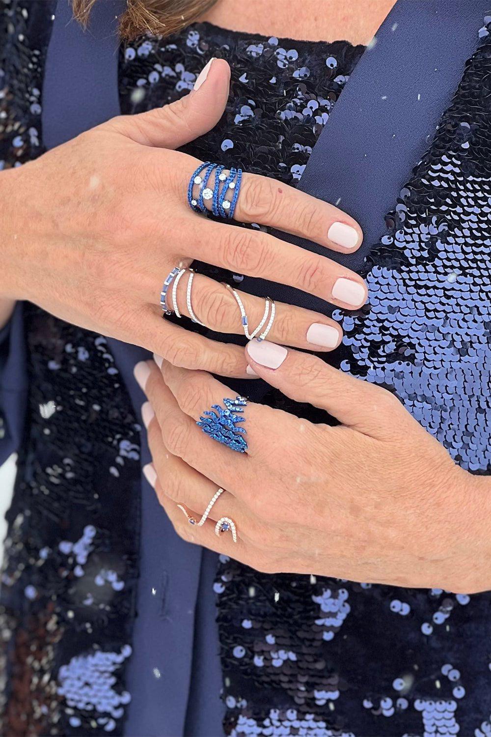 GRAZIELA-Blue Sapphire Rhodium Rio Cage Ring-WHITE GOLD