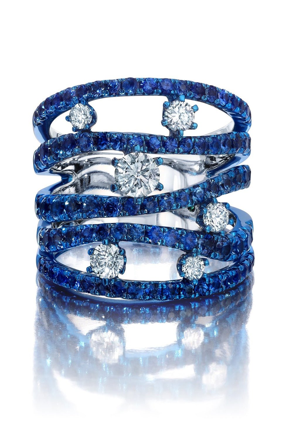 GRAZIELA-Blue Sapphire Rhodium Rio Cage Ring-WHITE GOLD