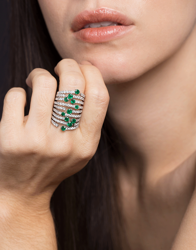 GRAZIELA-Diamond and Emerald Cage Ring-WHITE GOLD